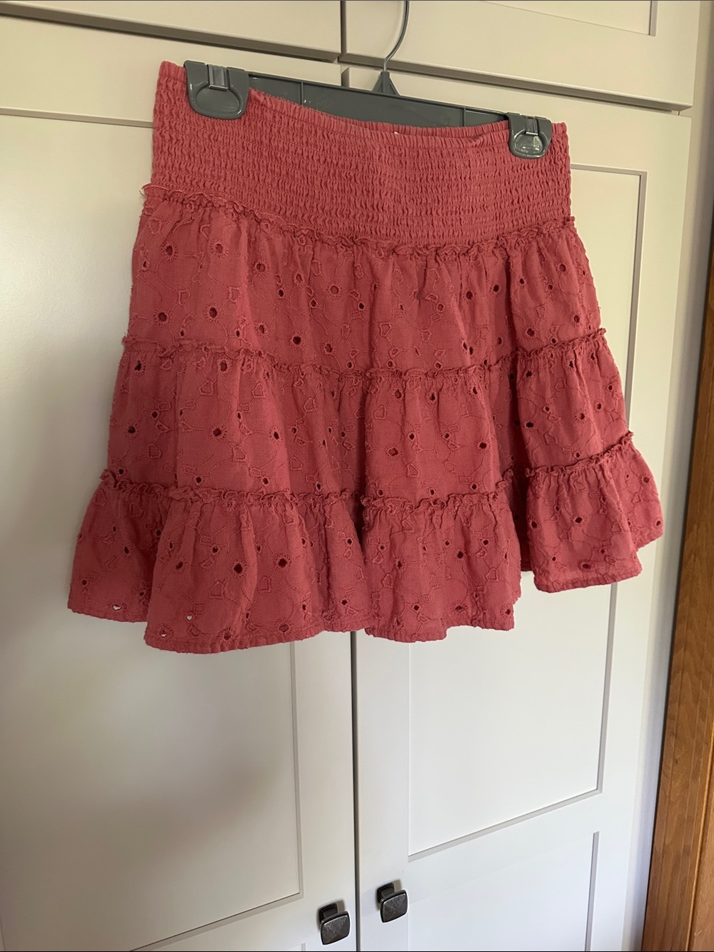 American Eagle Outfitters Dusty Rose Eyelet Tiered Mini Skirt